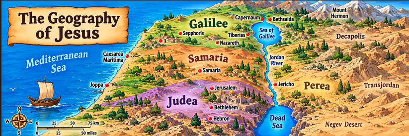 Map showing the geography of Jesus, including Galilee, Samaria, Judea, and surrounding regions