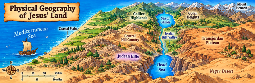 Physical landforms of Jesus' land, showing the Coastal Plain, Central Hill Country, Jordan Rift Valley, and Dead Sea