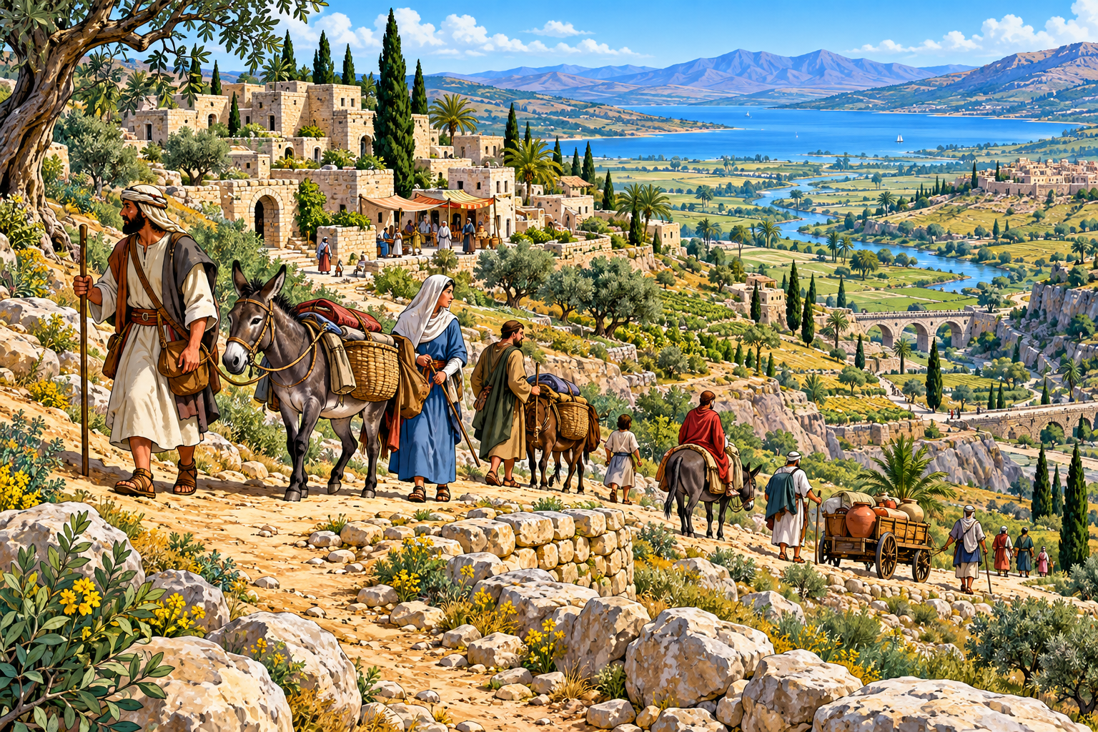 Illustration of travelers, donkeys, and carts navigating ancient footpaths and roads in first-century Galilee
